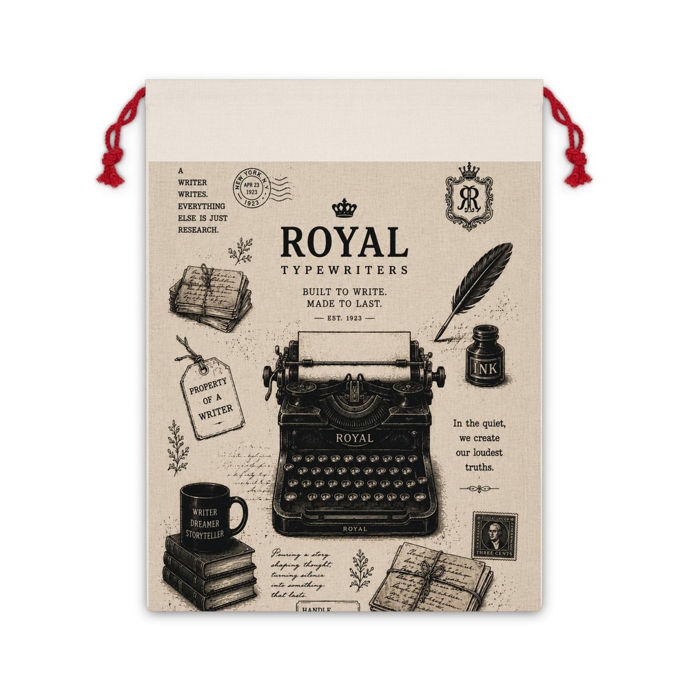 Vintage Royal Typewriter Gift Bag | Retro Writing Illustration, Drawstring Pouch